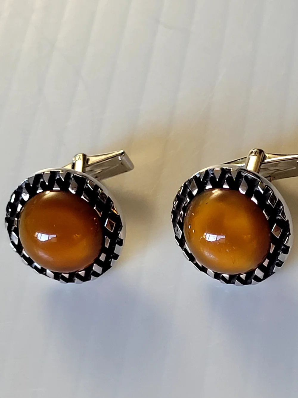 Vintage Silvertone & Amber Colored Jewelry Glass Cufflinks Soviet Era